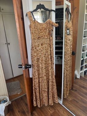 Theia Gold Sequin One-Shoulder Evening Gown